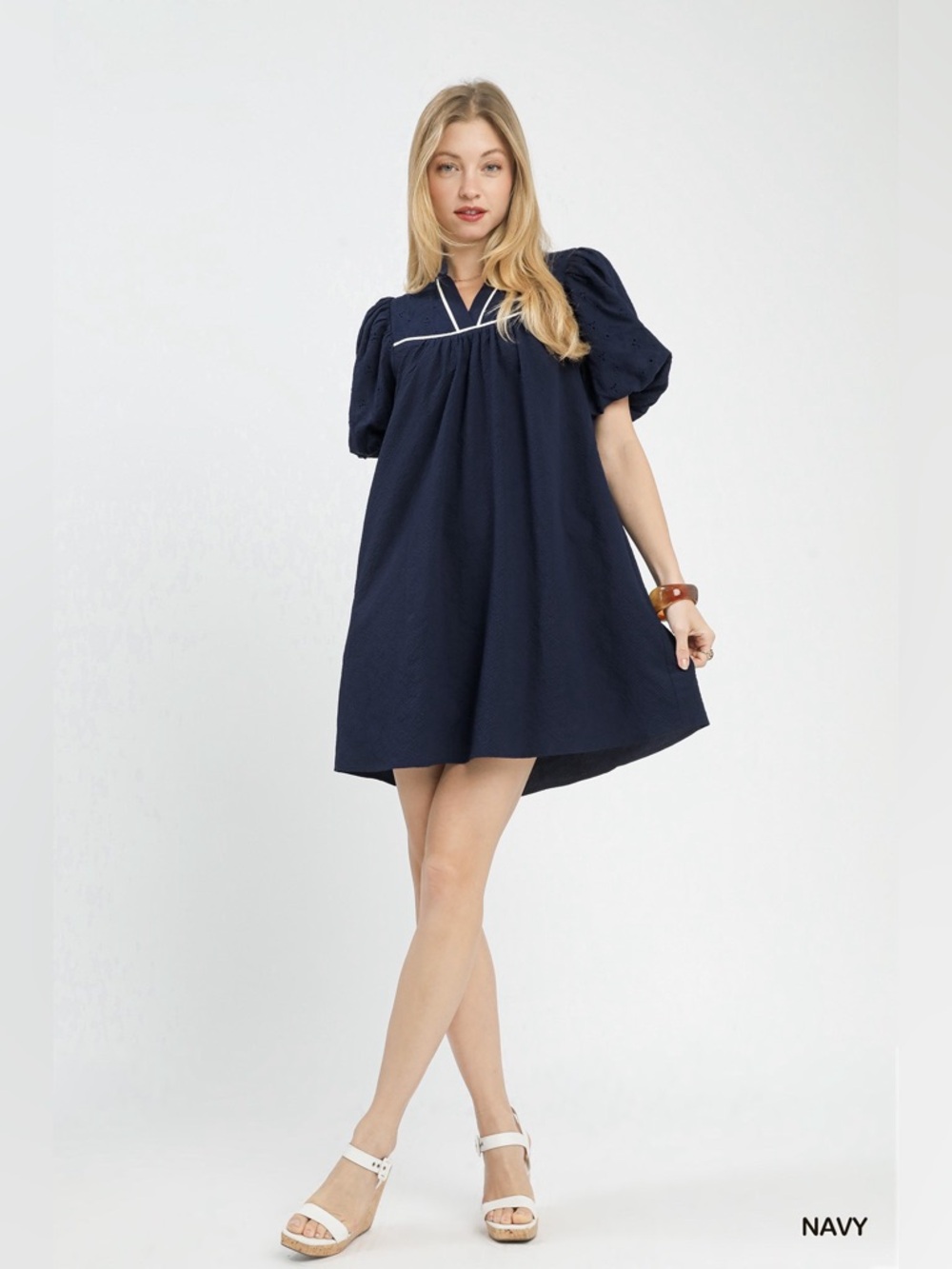 Umgee Navy Puff Sleeve Babydoll Dress Swiss Dot V-Neck Mini Dress S M L🛍️